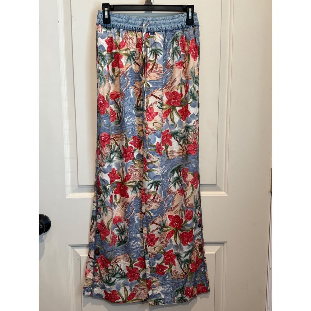 Surya Womens Tropical Floral Wide Leg Pants Blue Red Rayon Smocked Waist Size M